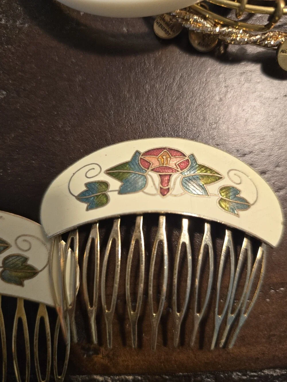 Vintage Cloisonné Enamel Floral Hair Combs Pair Brass Art Nouveau